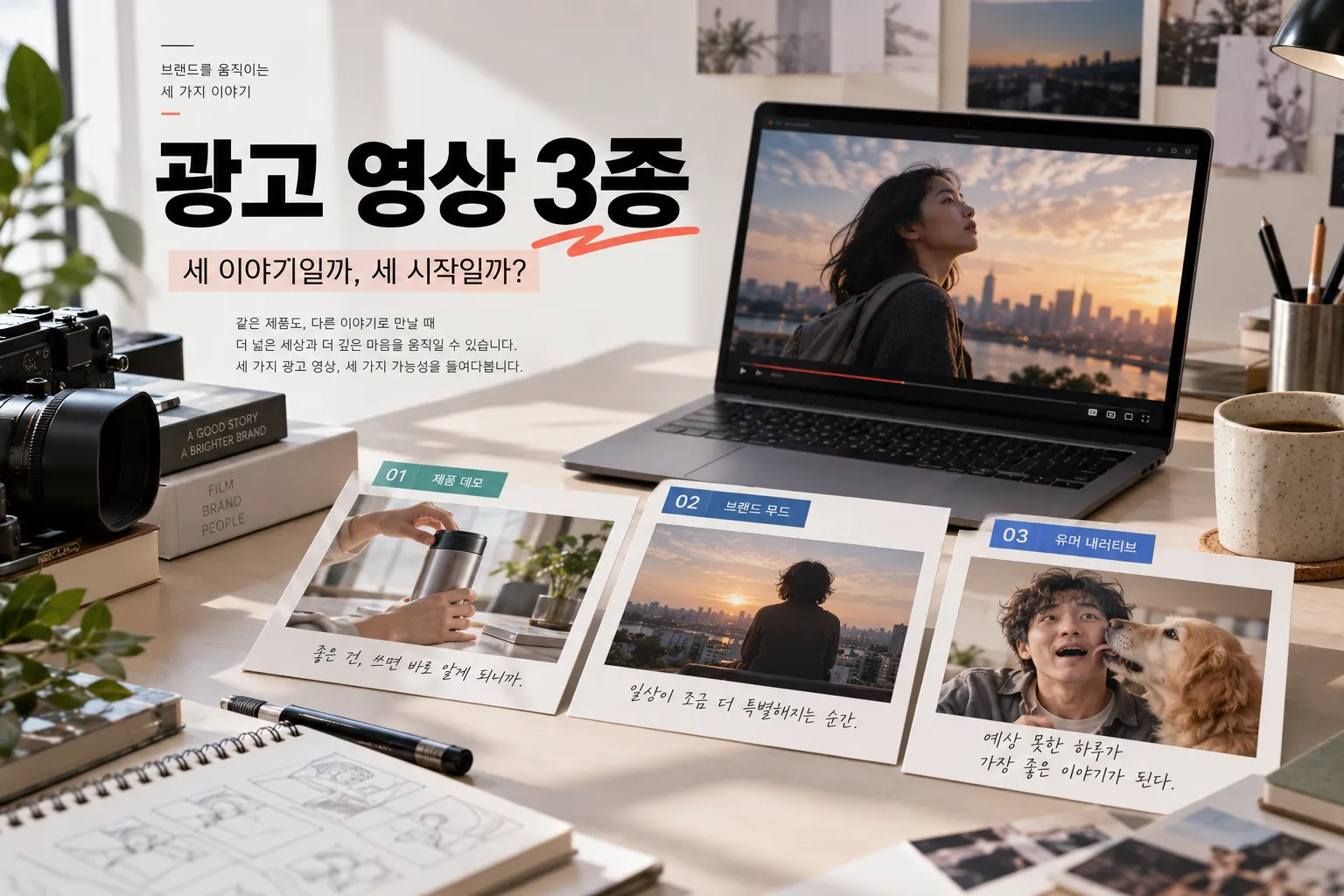 서로 다른 이야기의 스토리보드와 편집 화면으로 보는 광고 영상 3종 제작의 범위