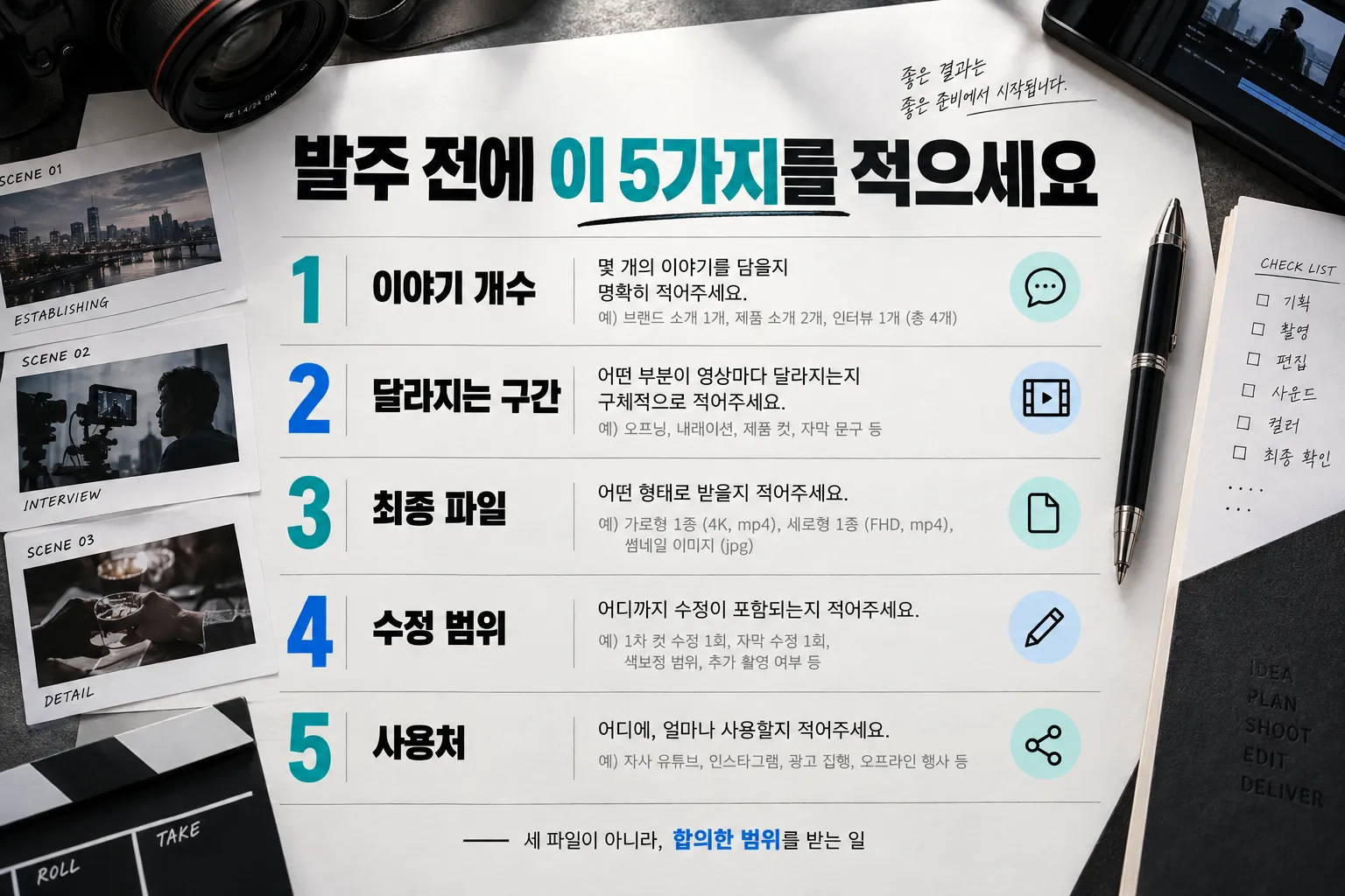 광고 영상 발주 전 이야기 개수, 달라지는 구간, 최종 파일, 수정 범위, 사용처를 적는 다섯 항목 체크리스트