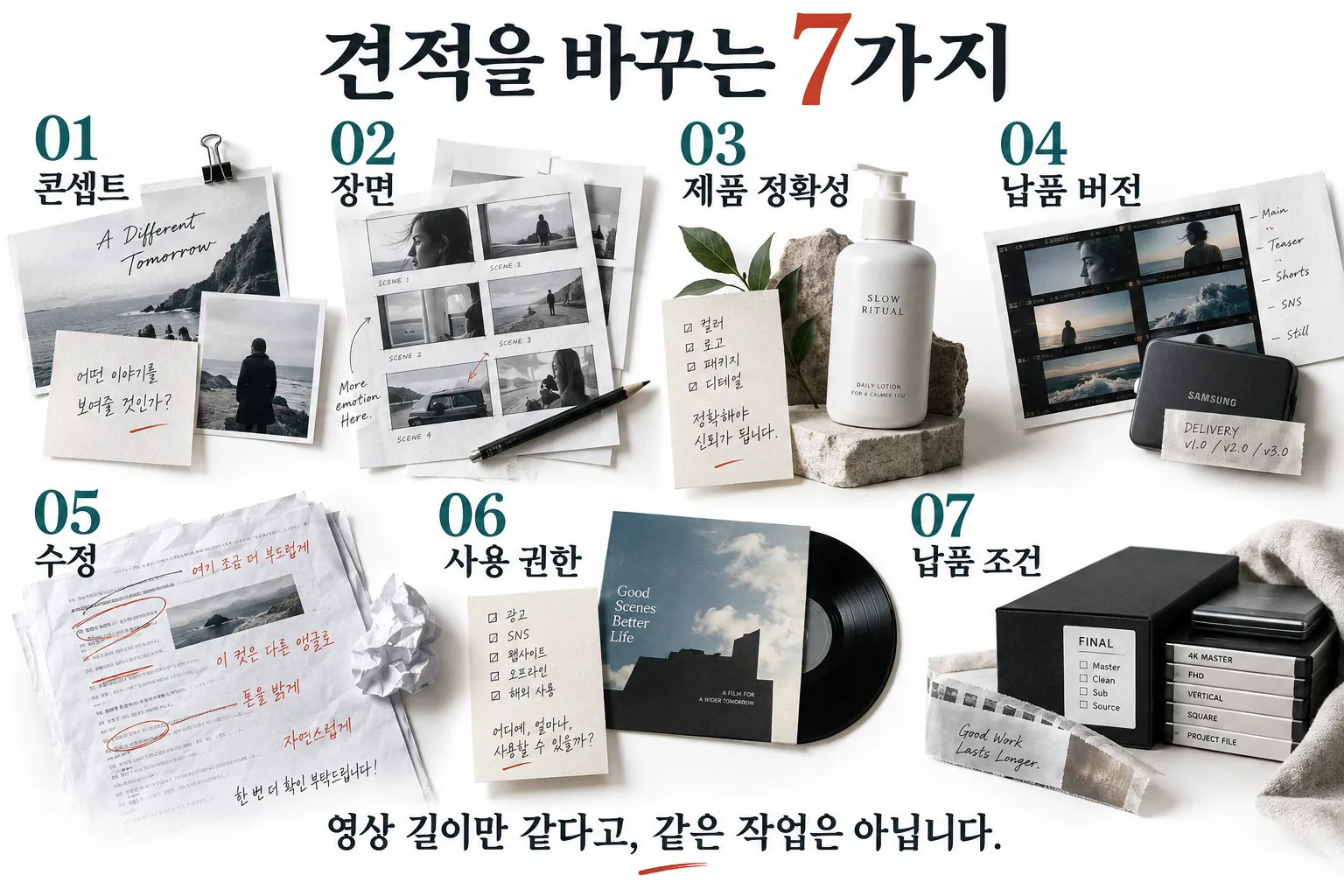AI 광고 영상 견적을 바꾸는 콘셉트, 장면, 제품 정확성, 납품 버전, 수정, 사용 권한, 납품 조건의 7가지