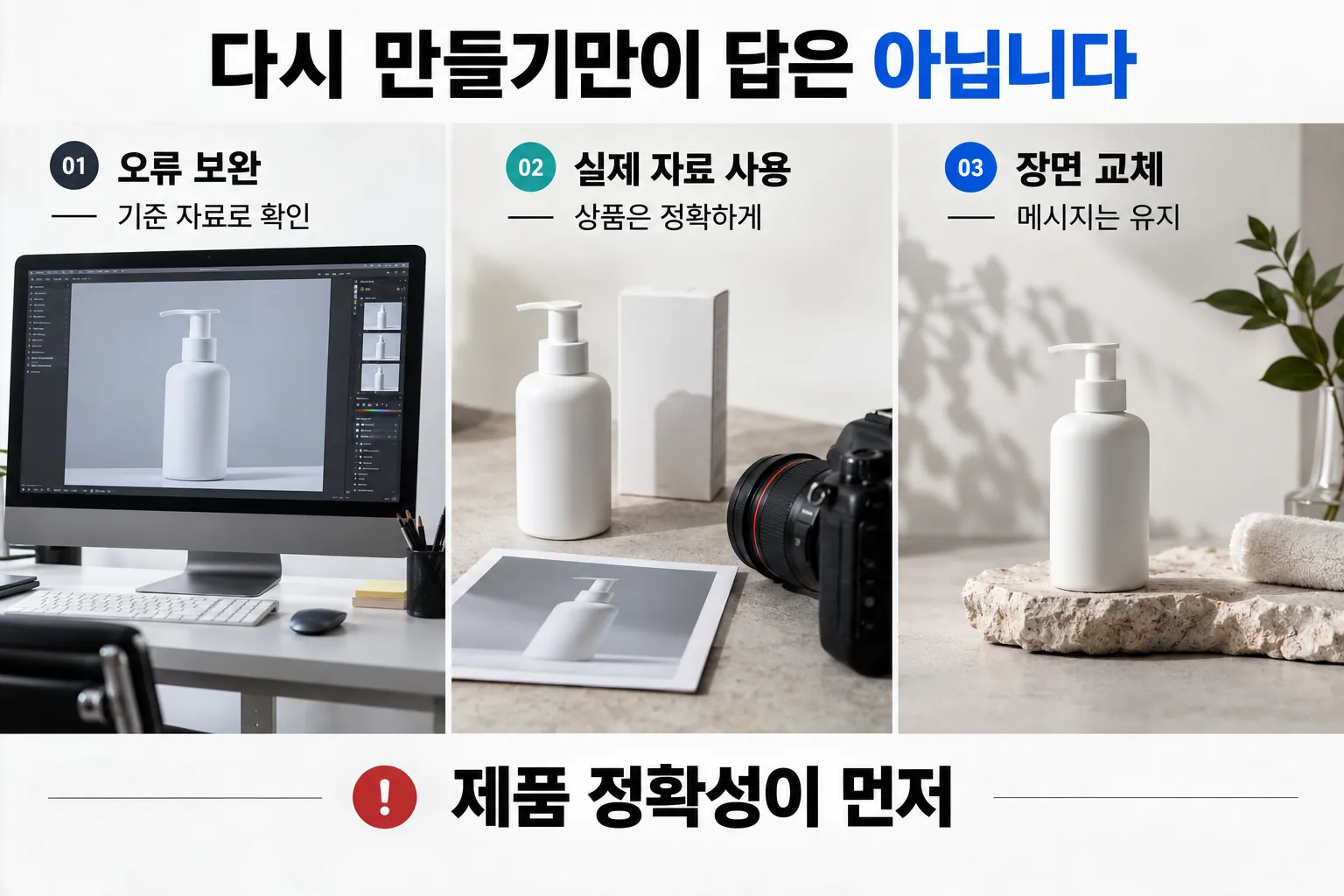 제품 정확성을 위해 오류 보완 실제 자료 사용 장면 교체를 선택하는 대응 기준