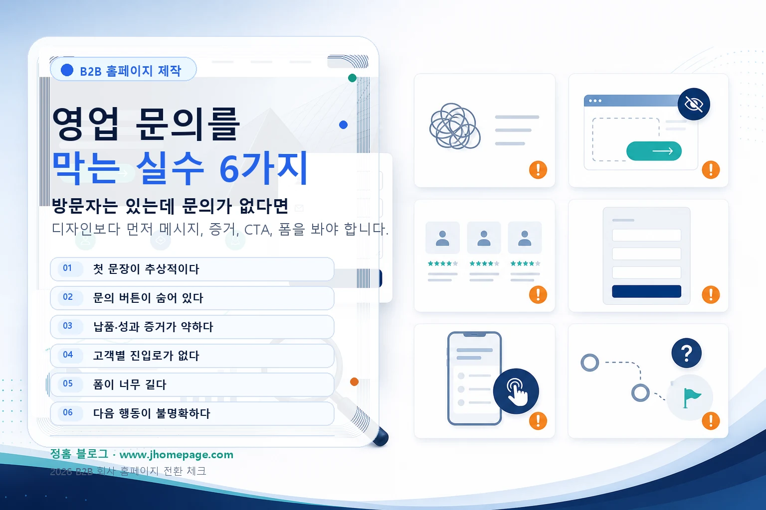 B2B 회사 홈페이지 제작 전 영업 문의를 막는 실수 6가지인 추상적인 첫 문장, 숨은 문의 버튼, 약한 증거, 고객별 진입로 부족, 긴 폼, 불명확한 다음 행동을 정리한 인포그래픽