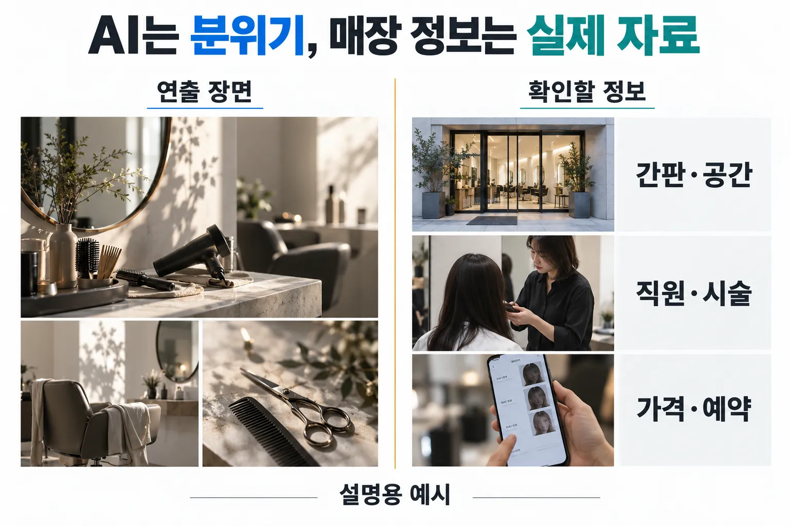 AI 분위기 연출과 실제 간판·공간·직원·시술·가격·예약 자료의 역할을 구분하는 미용실 영상 제작 기준