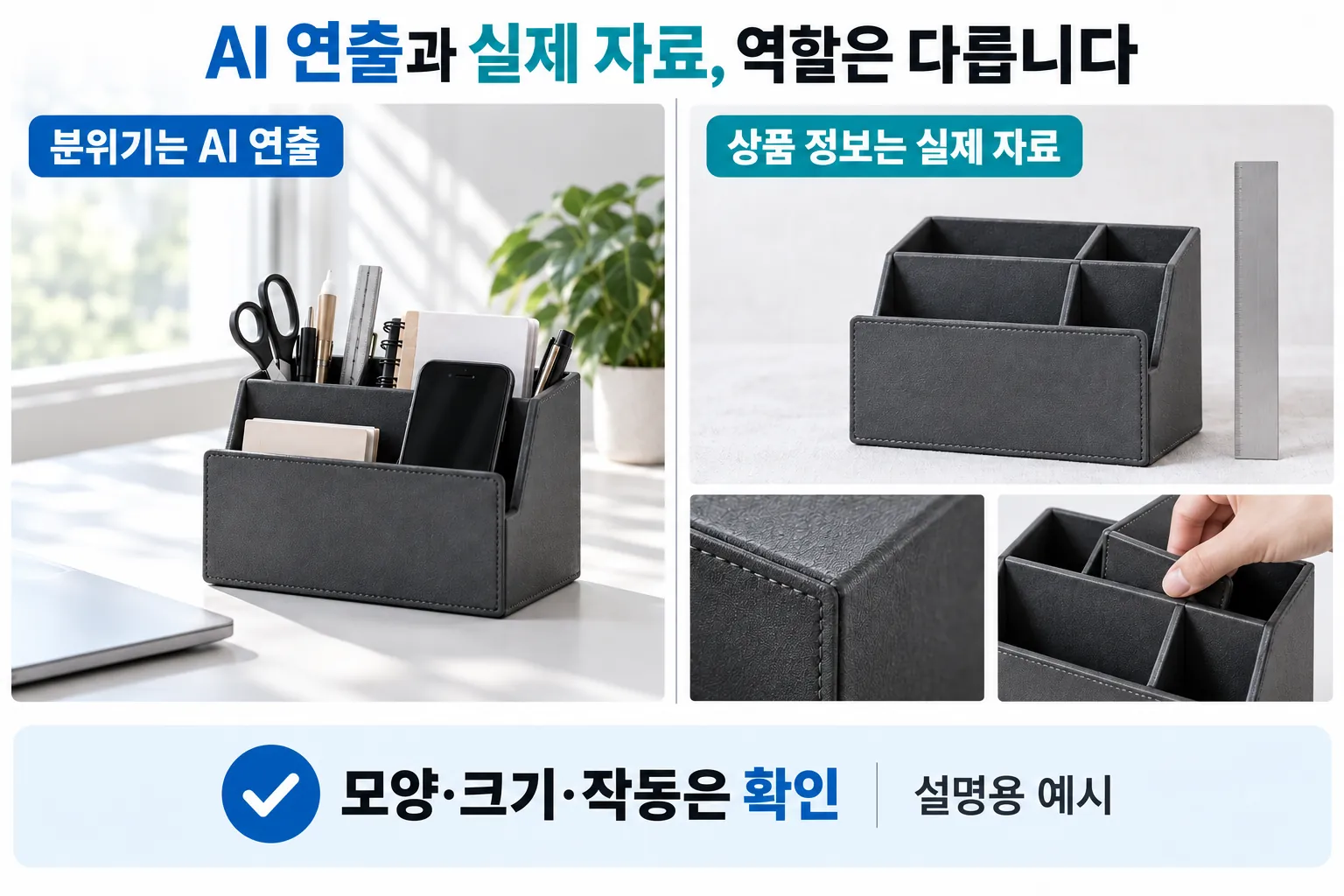 분위기 연출과 상품 정보 확인에 필요한 자료의 역할을 나누는 사진형 설명 도식