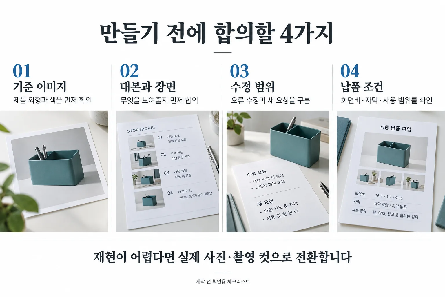 광고 영상 제작 전에 합의할 기준 이미지, 대본과 장면, 수정 범위, 납품 조건의 네 단계 체크리스트