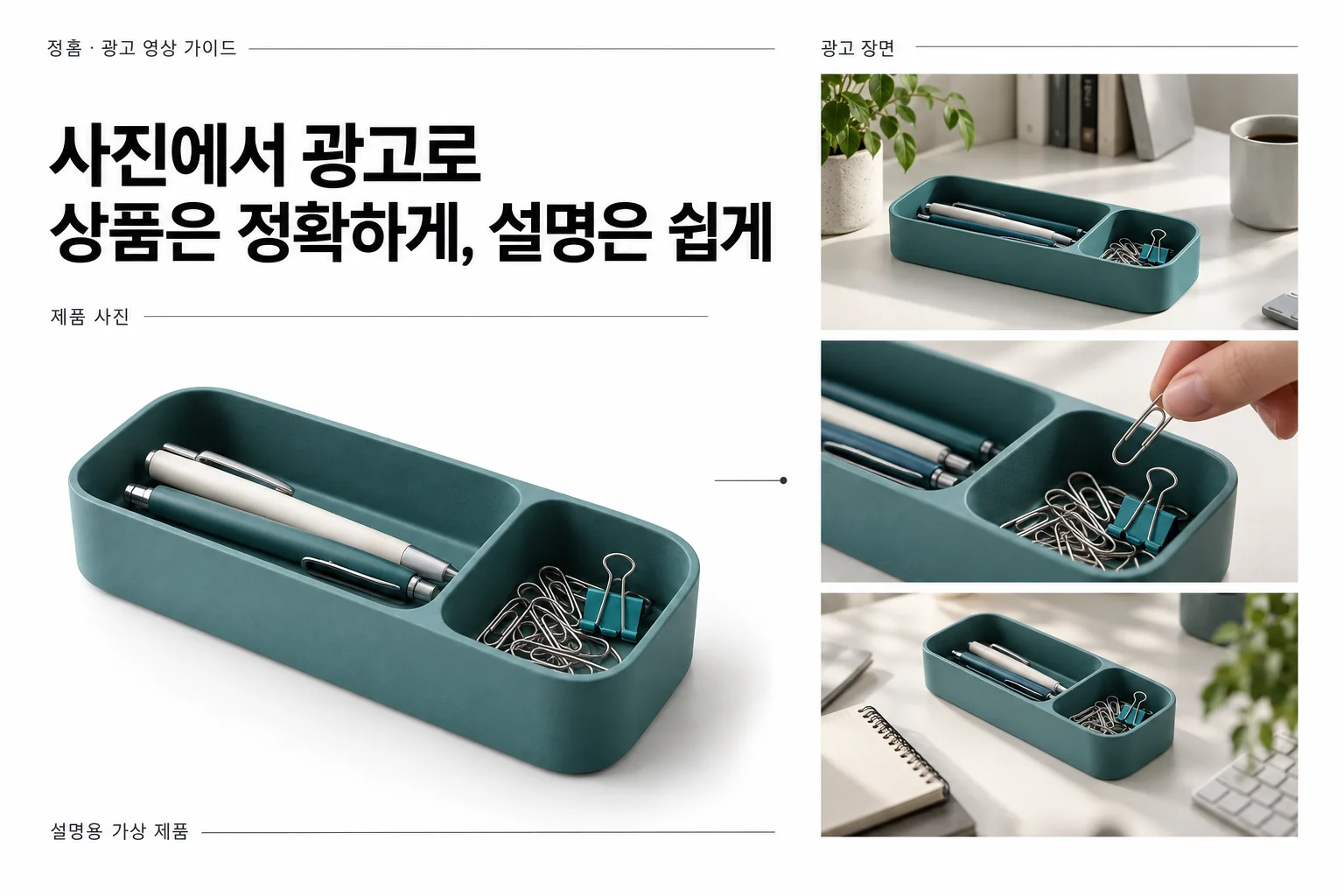 가상 수납 트레이의 제품 사진을 책상 위 광고 장면으로 구성한 예시. 상품은 정확하게, 설명은 쉽게라는 제작 기준