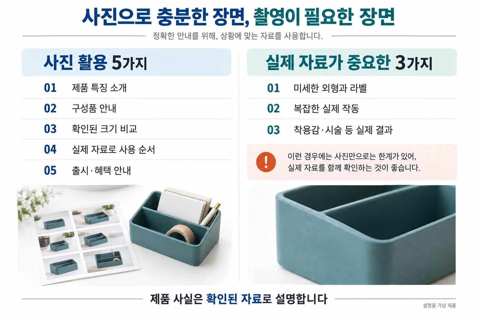 사진 활용 5가지와 실제 자료가 중요한 3가지를 비교한 표. 제품 특징·구성·크기·사용 순서·출시 안내와 외형·작동·실제 결과의 차이