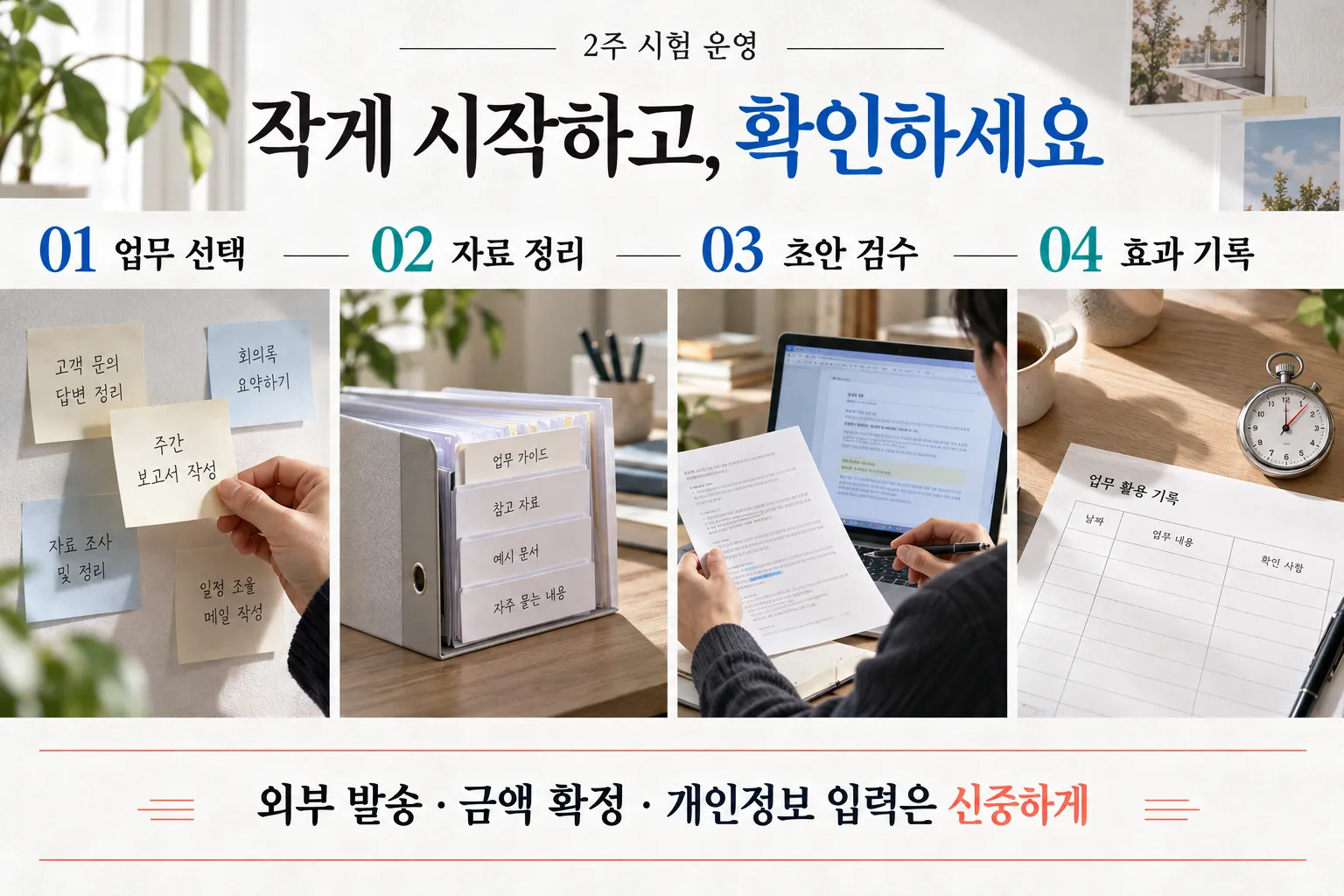 업무 선택·자료 정리·초안 검수·효과 기록의 네 단계로 진행하는 2주 AI 시험 운영