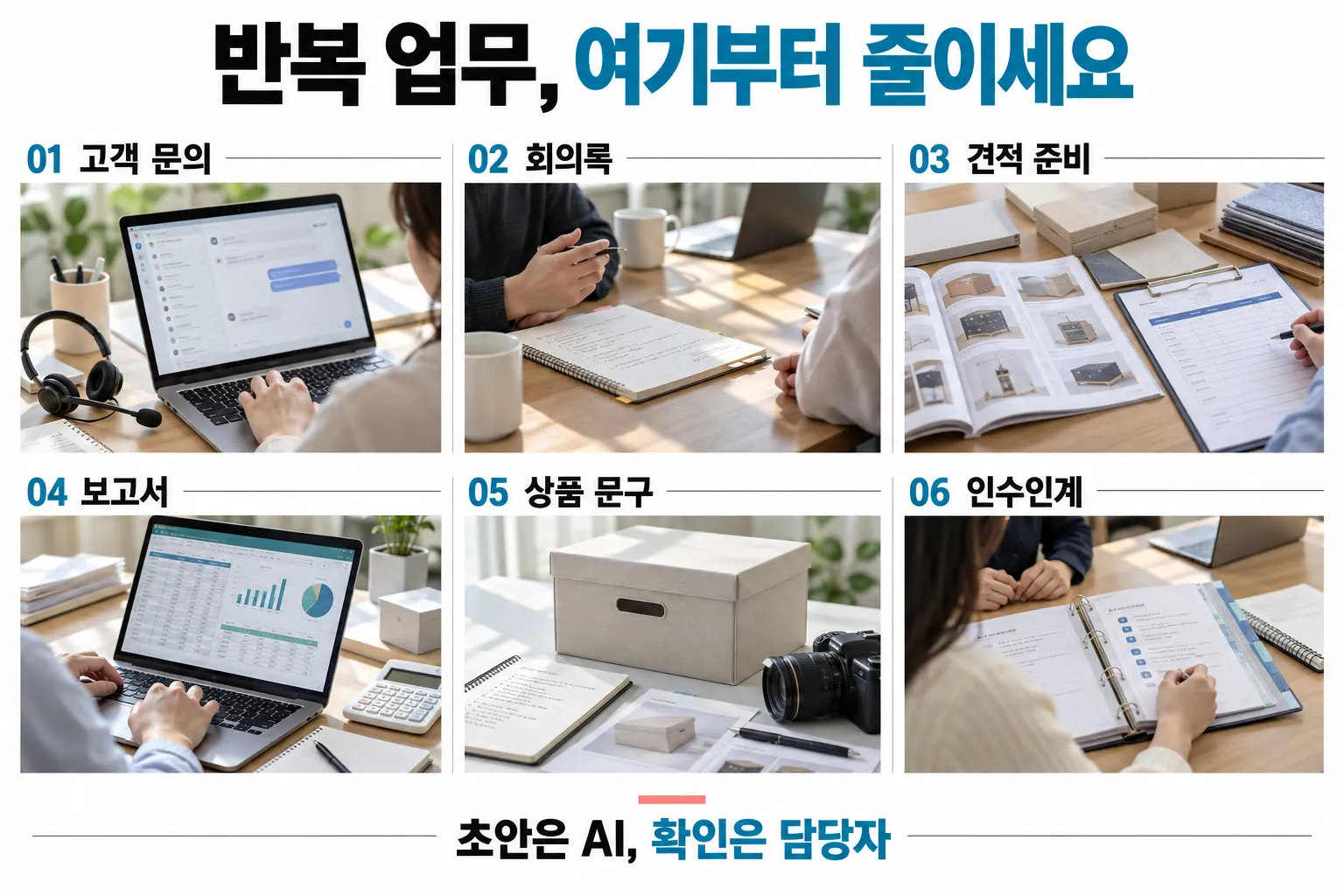 고객 문의·회의록·견적 준비·보고서·상품 문구·인수인계의 여섯 가지 AI 활용 후보