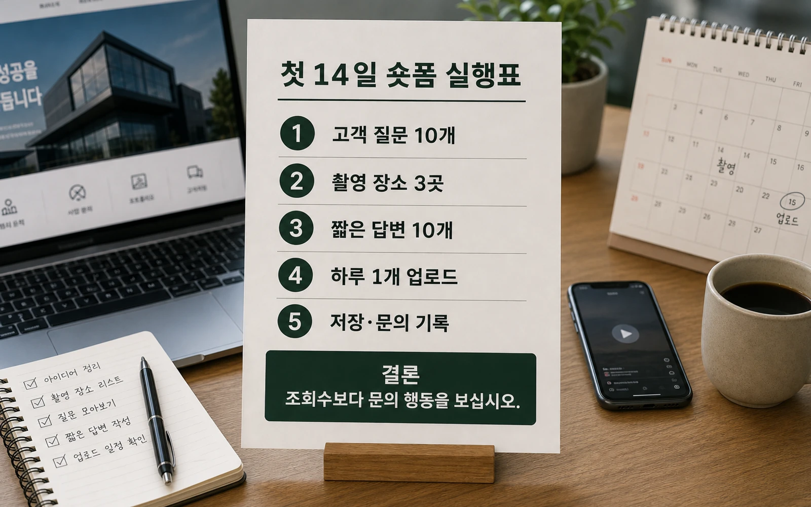 첫 14일 숏폼 실행표 고객 질문 10개 촬영 장소 3곳 짧은 답변 하루 1개 업로드 저장 문의 기록 이미지