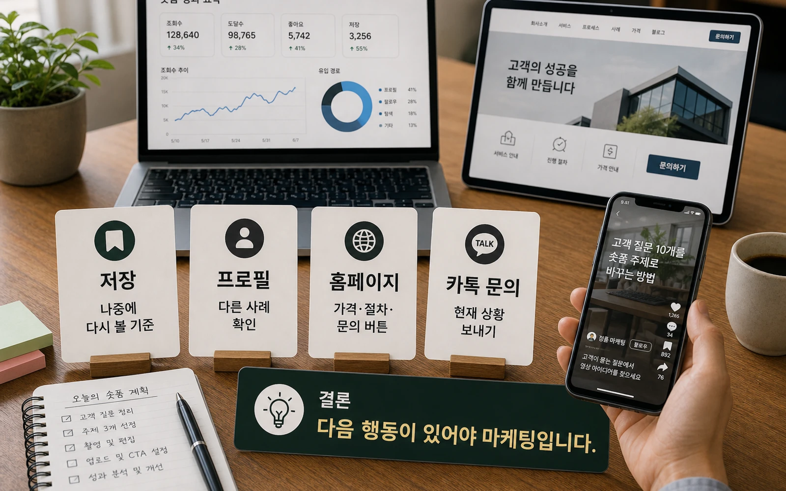 숏폼 CTA 4가지 저장 프로필 홈페이지 카톡 문의를 정리한 이미지