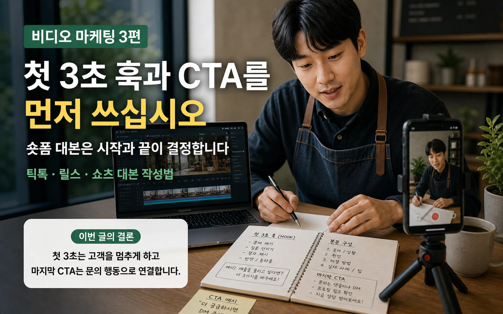 비디오 마케팅 3편 첫 3초 훅과 CTA를 먼저 쓰라는 메시지 이미지
