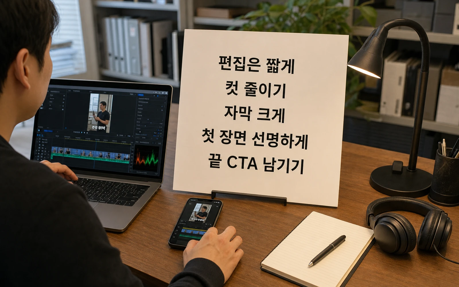 편집은 짧게 컷 줄이기 자막 크게 첫 장면 선명하게 끝 CTA 남기기를 정리한 이미지