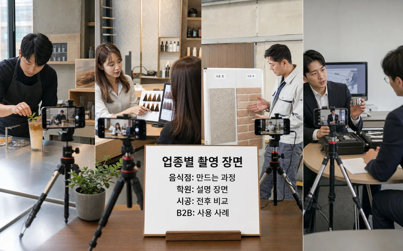 업종별 촬영 장면 음식점 만드는 과정 학원 설명 장면 시공 전후 비교 B2B 사용 사례를 정리한 이미지