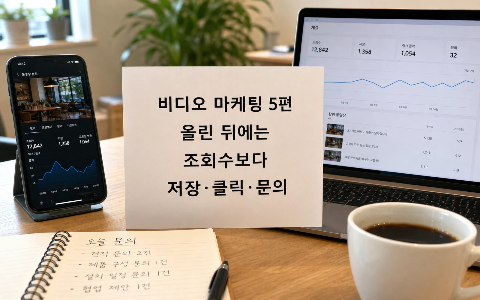 비디오 마케팅 5편 올린 뒤에는 조회수보다 저장 클릭 문의를 보라는 메시지 이미지