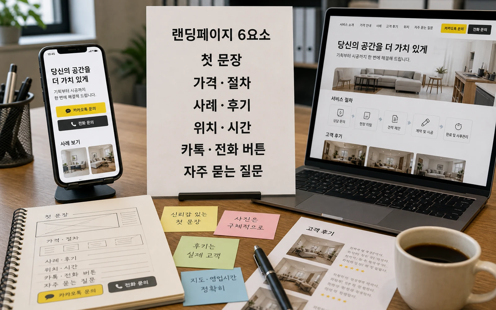 랜딩페이지 6요소 첫 문장 가격 절차 사례 후기 위치 시간 카톡 전화 버튼 자주 묻는 질문을 정리한 이미지