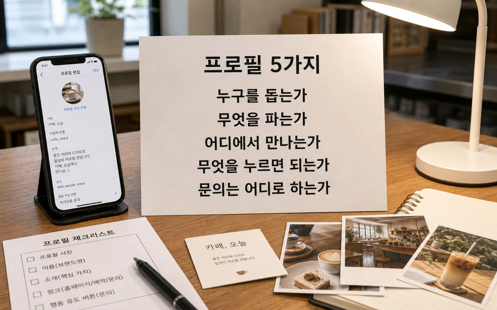 프로필 5가지 누구를 돕는가 무엇을 파는가 어디에서 만나는가 무엇을 누르면 되는가 문의는 어디로 하는가를 정리한 이미지