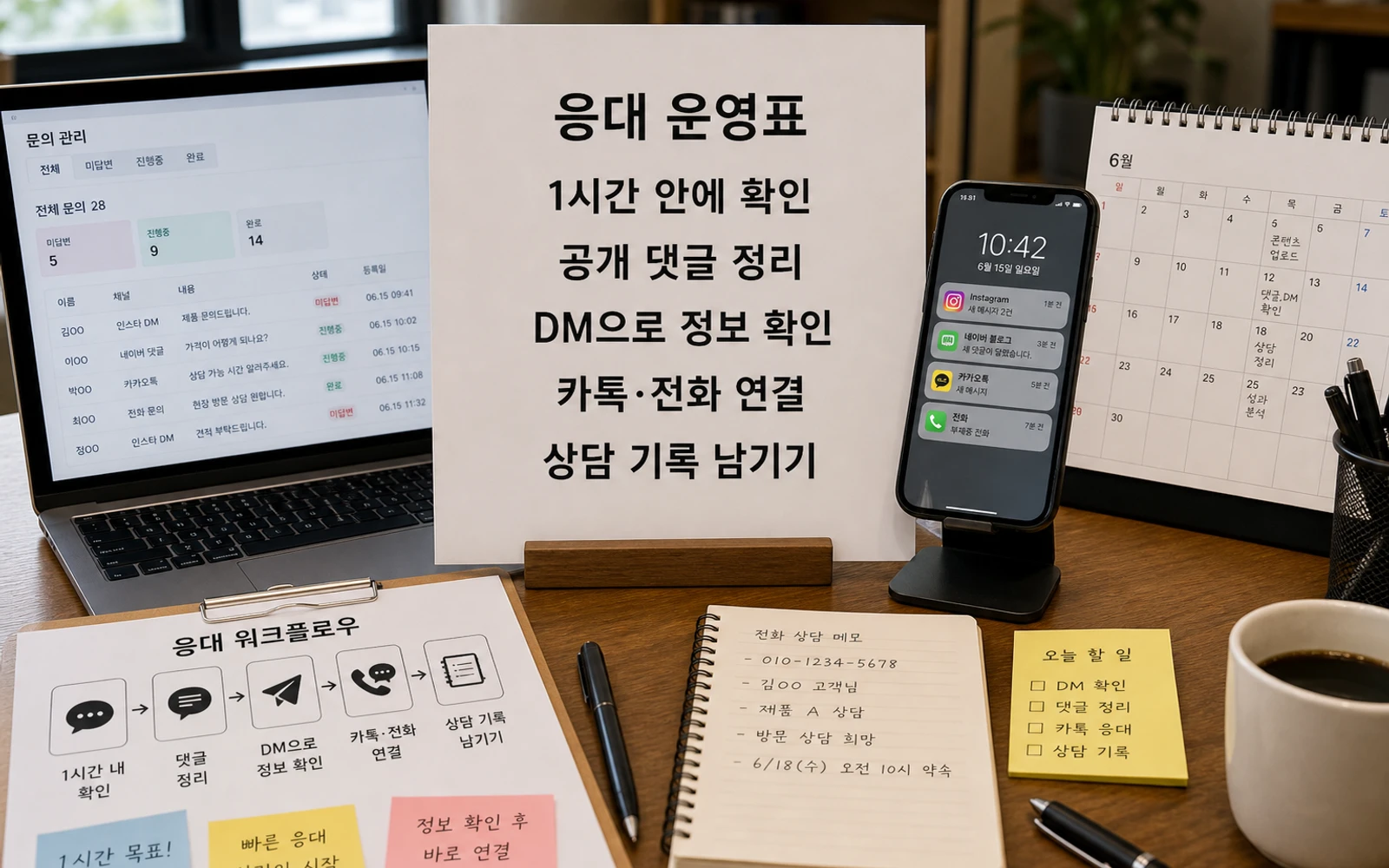 응대 운영표 1시간 안에 확인 공개 댓글 정리 DM으로 정보 확인 카톡 전화 연결 상담 기록 남기기를 정리한 이미지