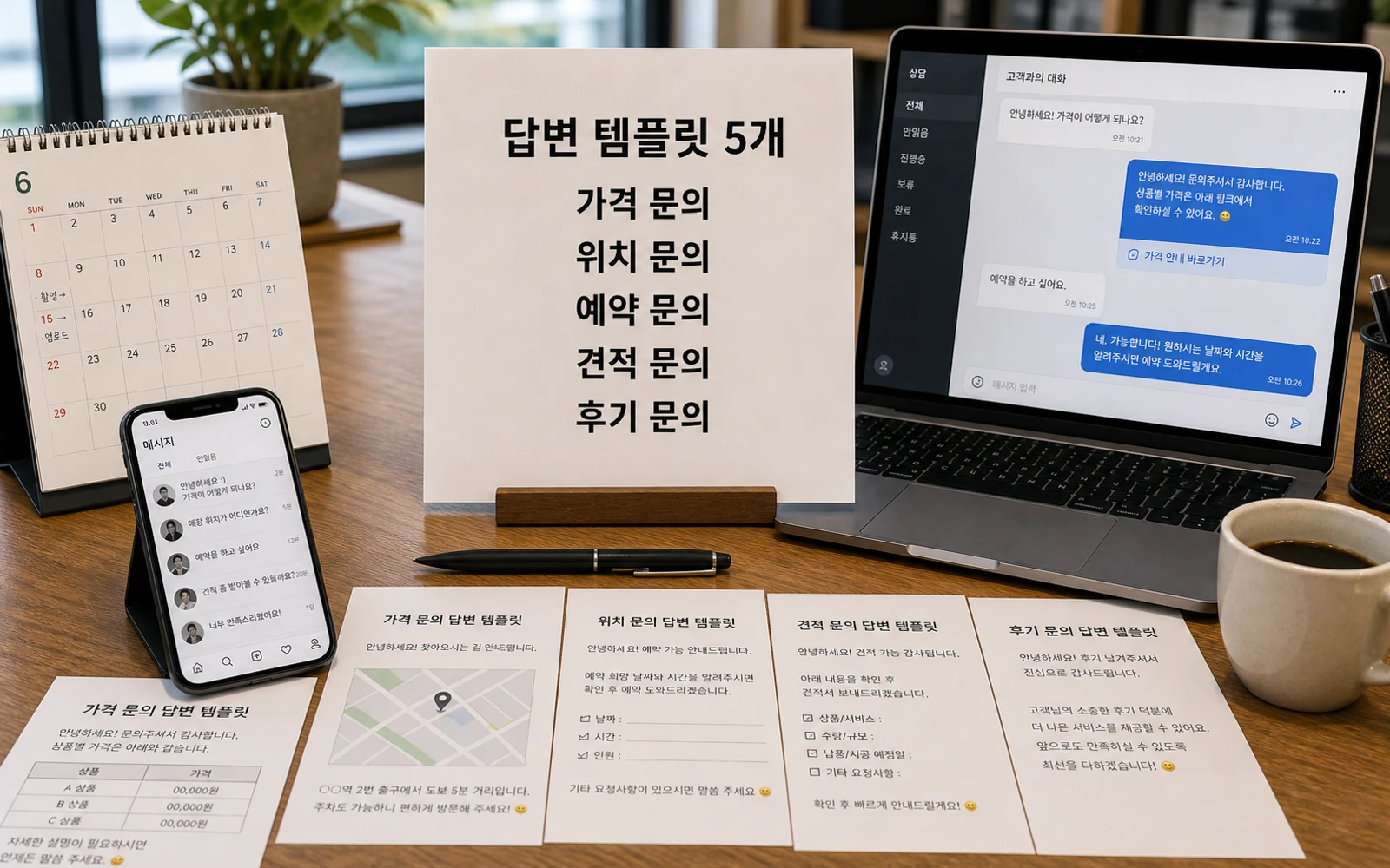 답변 템플릿 5개 가격 문의 위치 문의 예약 문의 견적 문의 후기 문의를 정리한 이미지